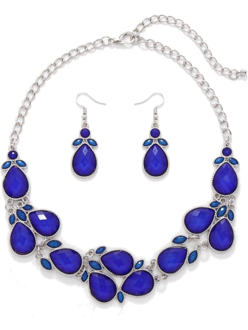 Women's Royal Blue Water Drop Collar Necklace Earrings Set Statement Jewelry